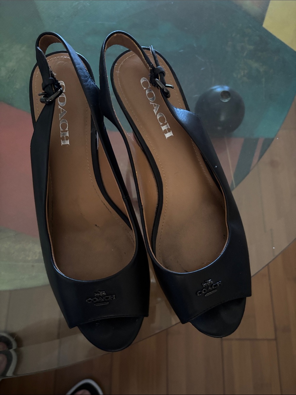 Coach Black Leather Peep-Toe Slingback Heels with Logo Accent